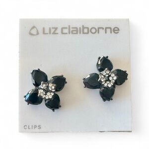 Vintage Liz Claiborne New Old Stock Black Rhinestone Flower Clip On Earrings